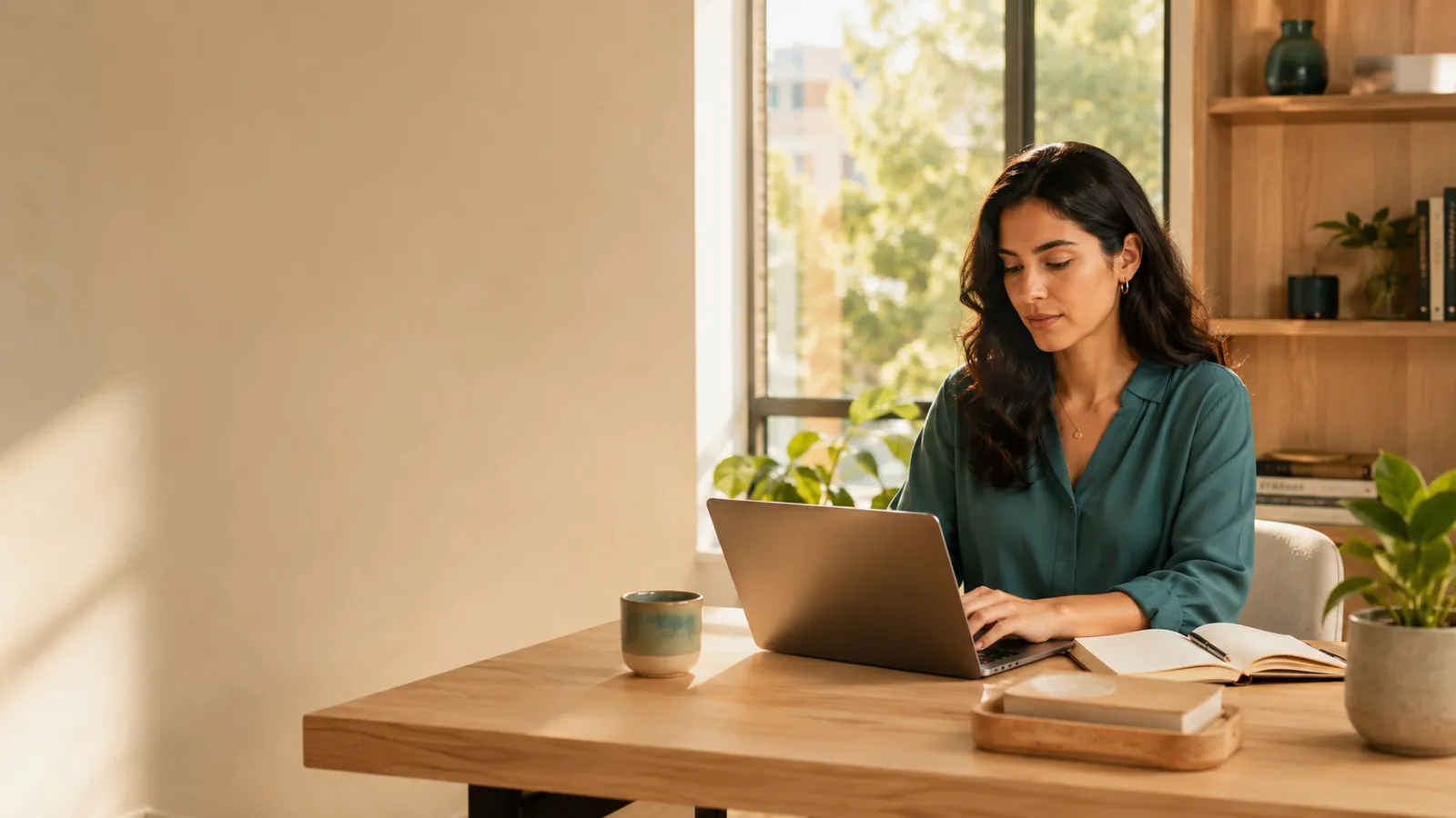 Bilingual Executive Assistant working calmly at a desk in a sunlit home office