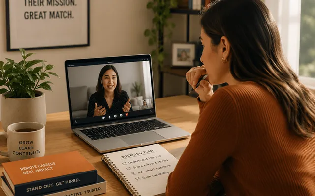 A candidate on a video interview with a U.S. hiring manager
